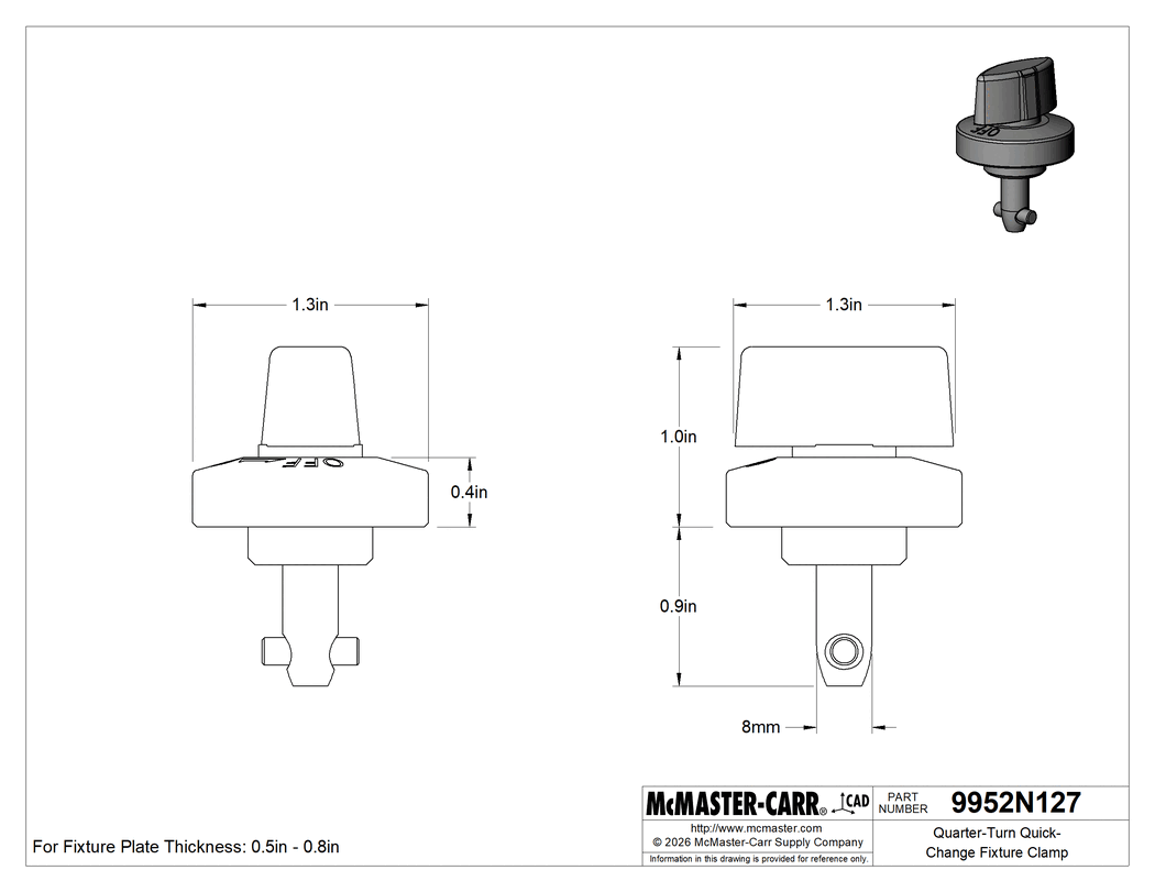 Technical Drawing of Quarter-Turn Quick-Change Fixture Clamp, for 1/2" to 3/4" Plate Thickness, 8 mm Shank Diameter.